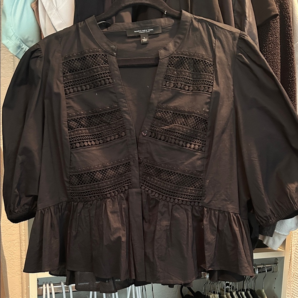 Marc New York Black Lace Trim Peplum Blouse – Size Large – Puff Sleeve